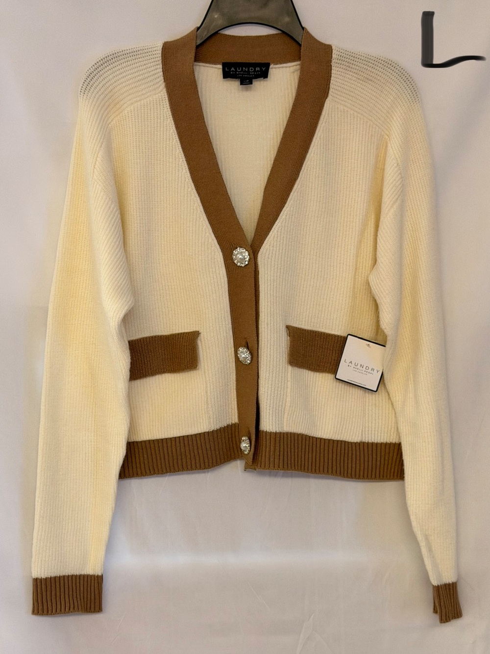 Laundry by Shelli Segal Cream Cardigan with Brown Trim and Jewel Buttons